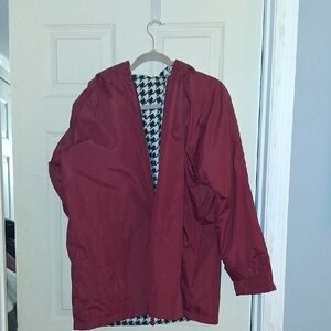 Chic Red Hooded Jacket with Houndstooth Interior